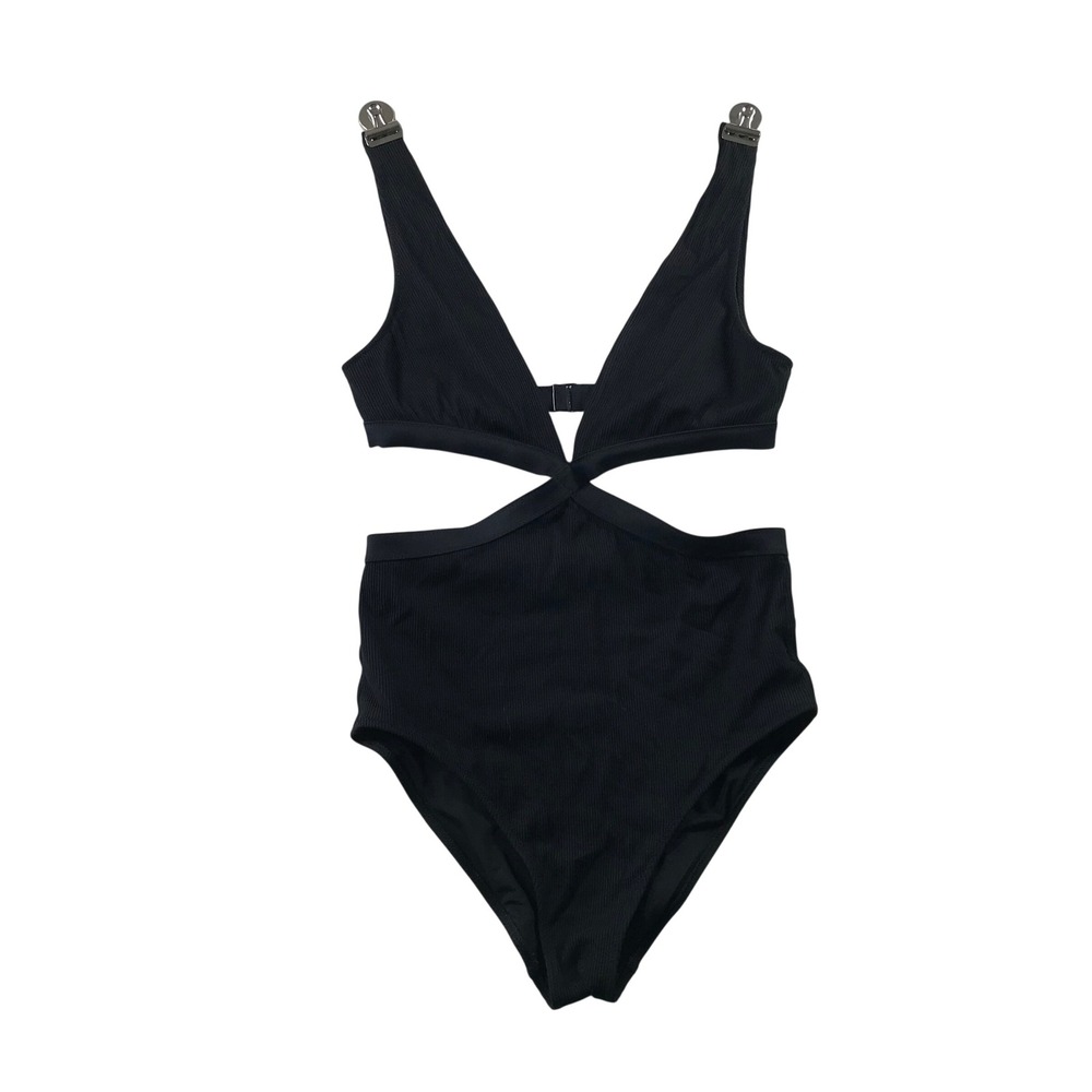 Aerie Real Good Black Ribbed Cut Out V-Neck One Piece Swimsuit Small S